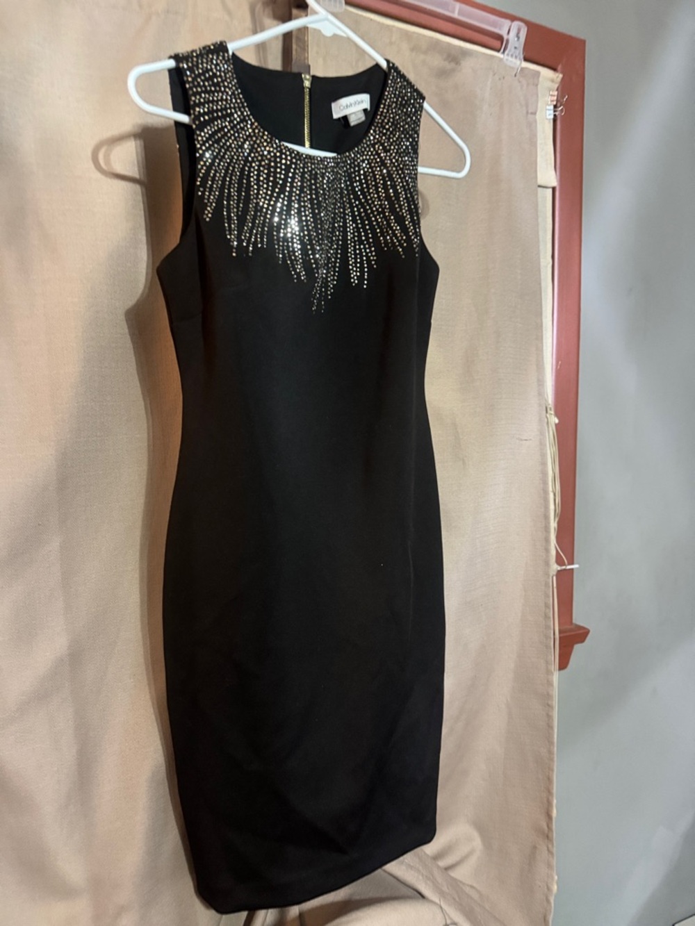 Calvin Klein Black Midi Sheath Dress with Crystal Neckline-125